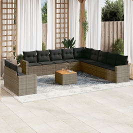 Set de sofás de jardín 12 pzas con cojines ratán sintético gris