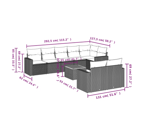 Set de muebles de jardín 9 pzas y cojines ratán sintético gris