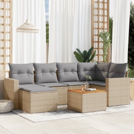 Juego de sofás jardín con cojines beige mezcla 7 pzas ratán PE