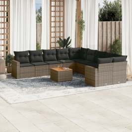 Set de sofás de jardín 11 pzas y cojines ratán sintético gris