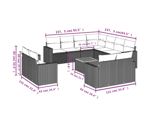 Set de sofás de jardín y cojines 12 pzas ratán sintético negro