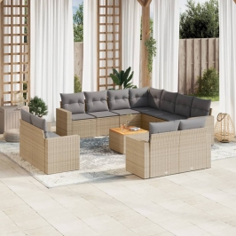 Juego de sofás jardín con cojines beige mezcla 12 pzas ratán PE