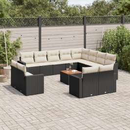 Set de sofás de jardín y cojines 13 pzas ratán sintético negro