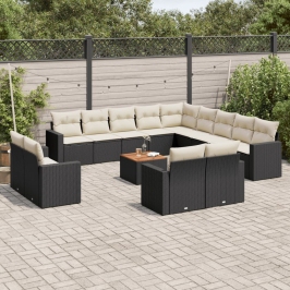 Set de sofás de jardín y cojines 14 pzas ratán sintético negro