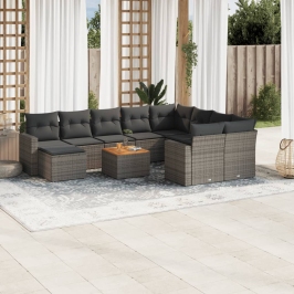 Set de sofás de jardín 11 pzas y cojines ratán sintético gris