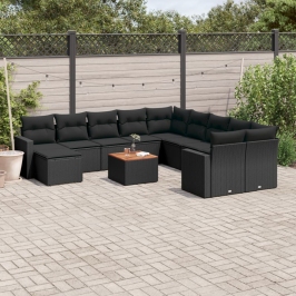 Set de sofás de jardín y cojines 12 pzas ratán sintético negro