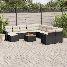 Set de sofás de jardín y cojines 12 pzas ratán sintético negro
