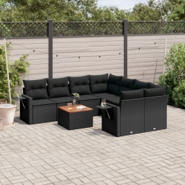 Set de sofás de jardín 8 piezas y cojines ratán sintético negro