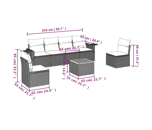 Set de comedor de jardín 7 pzas y cojines ratán sintético negro