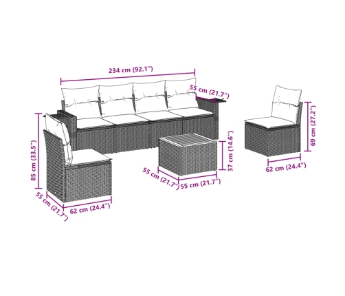 Set de sofás de jardín 7 piezas con cojines ratán PE gris