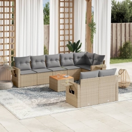 Juego de sofás jardín con cojines beige mezcla 9 pzas ratán PE