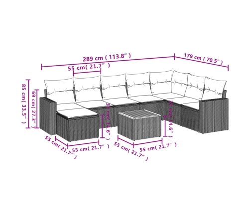 Set de sofás de jardín 8 piezas y cojines ratán sintético negro