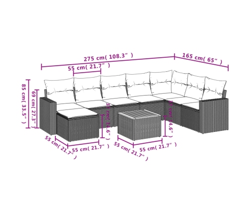 Set de sofás de jardín 8 piezas y cojines ratán sintético negro