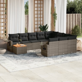 Set de sofás de jardín 11 pzas y cojines ratán sintético gris
