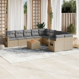 Juego de sofás jardín con cojines beige mezcla 11 pzas ratán PE