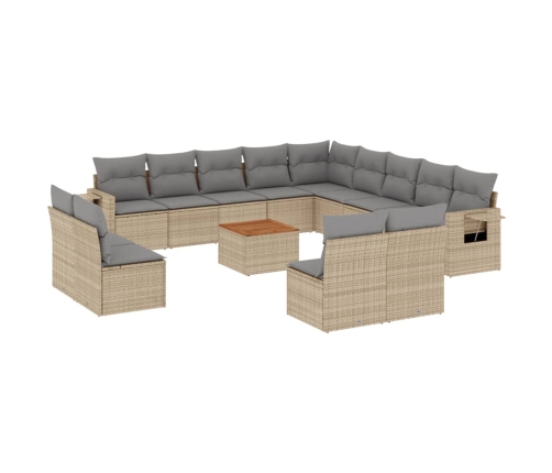 Set sofás jardín 14 pzas y cojines ratán sintético beige mezcla