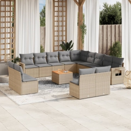 Set sofás jardín 14 pzas y cojines ratán sintético beige mezcla