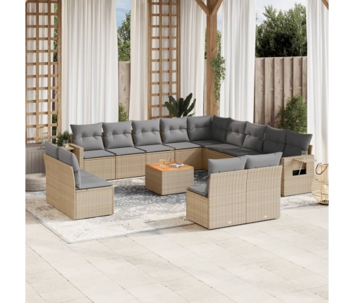 Set sofás jardín 14 pzas y cojines ratán sintético beige mezcla