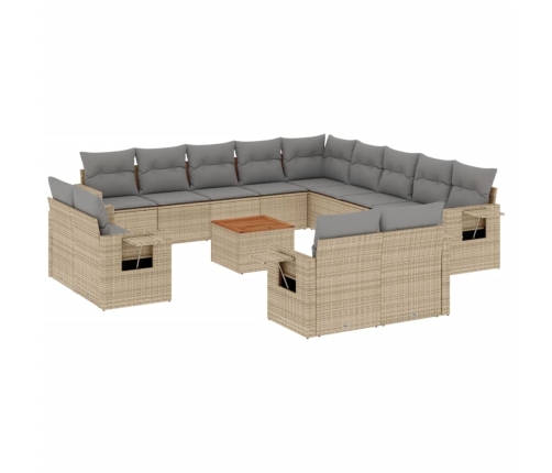 Set sofás jardín 14 pzas y cojines ratán sintético beige mezcla