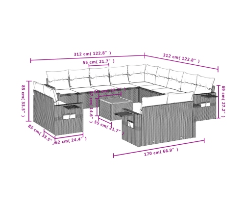 Set sofás jardín 14 pzas y cojines ratán sintético beige mezcla