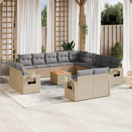 Set sofás jardín 14 pzas y cojines ratán sintético beige mezcla