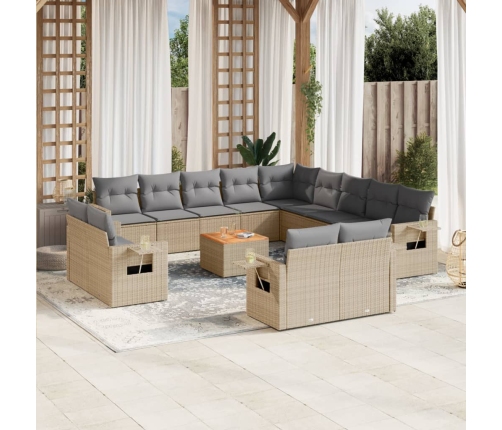 Set sofás jardín 14 pzas y cojines ratán sintético beige mezcla