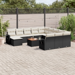 Set de sofás de jardín y cojines 13 pzas ratán sintético negro