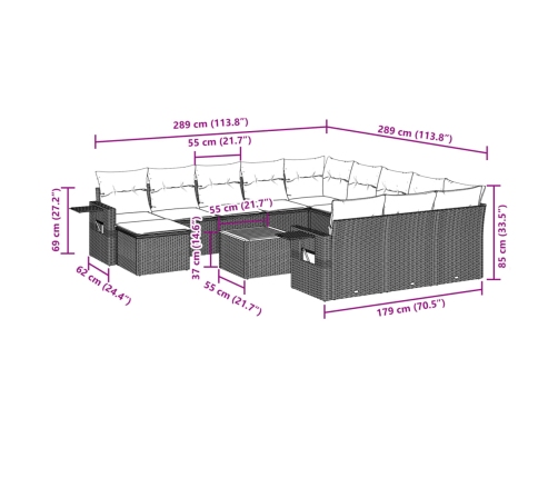 Set sofás de jardín con cojines 13 piezas ratán sintético gris