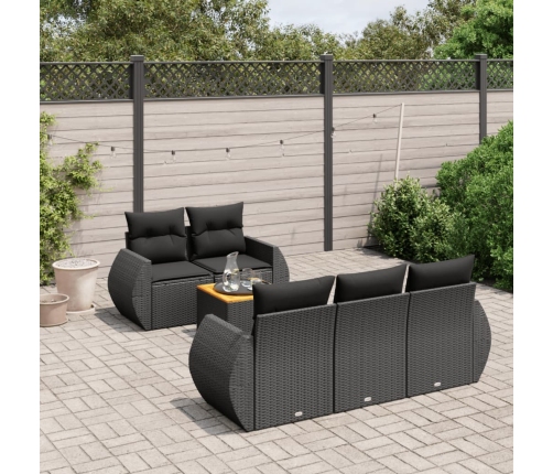 Set de sofás de jardín 6 piezas y cojines ratán sintético negro