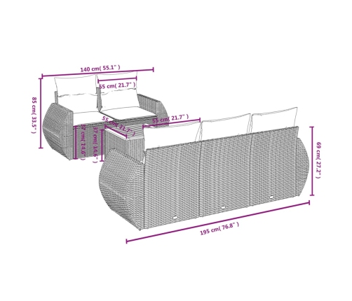 Set de muebles de jardín 6 pzas y cojines ratán sintético gris