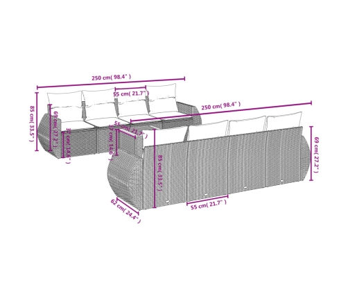 Set de muebles de jardín 9 pzas y cojines ratán sintético gris