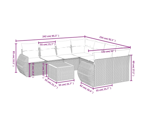 Set de sofás de jardín 9 pzas con cojines ratán sintético beige