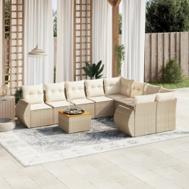 Set de sofás de jardín 9 pzas con cojines ratán sintético beige