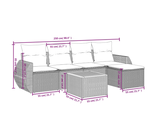 Set de muebles de jardín 6 pzas y cojines ratán sintético gris