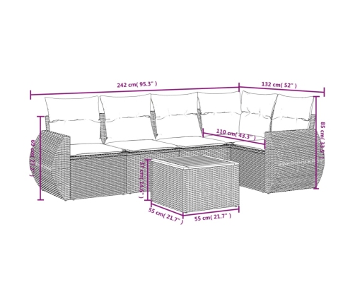 Set de muebles de jardín 6 pzas y cojines ratán sintético gris