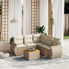 Juego de sofás jardín con cojines 6 pzas ratán sintético beige