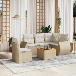 Juego de sofás jardín con cojines 6 pzas ratán sintético beige