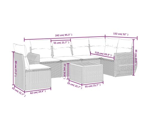 Set de comedor de jardín 7 pzas y cojines ratán sintético negro