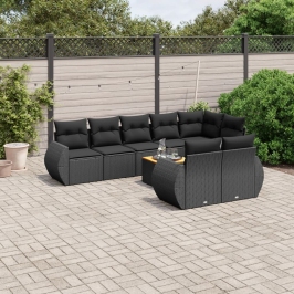 Set de sofás de jardín 8 piezas y cojines ratán sintético negro