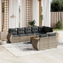 Set de muebles de jardín 9 pzas y cojines ratán sintético gris