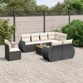 Set de sofás de jardín 8 piezas y cojines ratán sintético negro