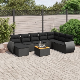 Set de sofás de jardín 8 piezas y cojines ratán sintético negro