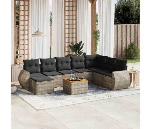 Set de muebles de jardín 9 pzas y cojines ratán sintético gris