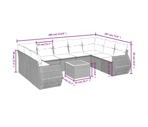 Set de sofás de jardín 10 pzas cojines ratán sintético negro