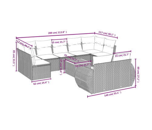 Set de sofás de jardín 10 pzas con cojines ratán sintético gris