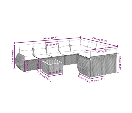 Set de sofás de jardín 10 pzas con cojines ratán sintético gris