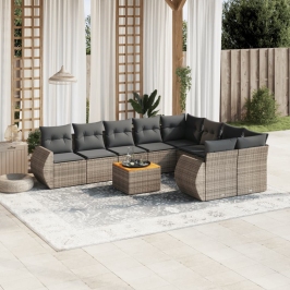 Set de sofás de jardín 10 pzas con cojines ratán sintético gris