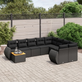Set de sofás de jardín 10 pzas cojines ratán sintético negro