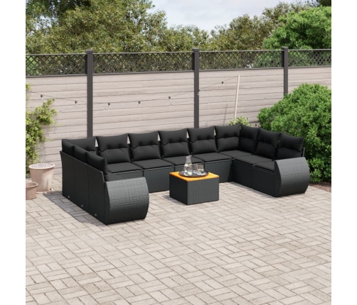 Set de sofás de jardín 11 pzas y cojines ratán sintético negro