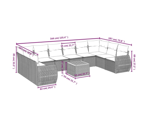 Set de sofás de jardín 11 pzas y cojines ratán sintético negro